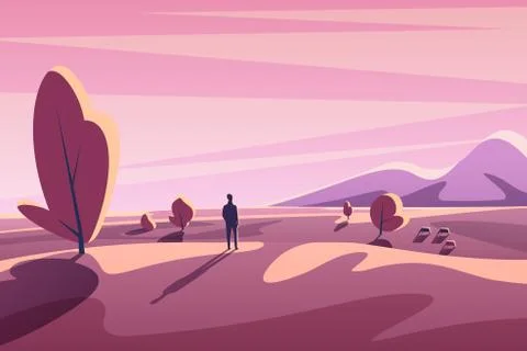 Alone young man looking on sunset landscape with mountains, trees, animals Stock Illustration