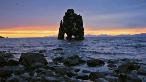 Along basalt stack Hvítserkur on the eastern shore of the Vatnsnes peninsula Stock Footage 67096624