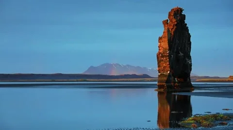Along basalt stack Hvítserkur on the eastern shore of the Vatnsnes peninsula Stock Footage 67096651