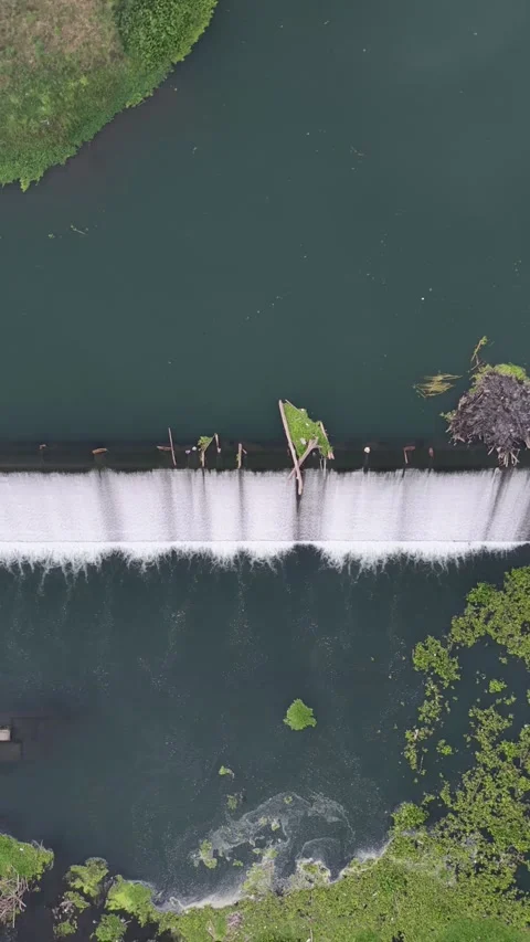Along the Dam Crest. Vertical Aerial View of Teal Water and Green Vegetation. Stock Footage 338423918