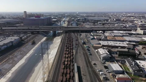 Along Los Angeles River to Freeway Stock Footage 133400902