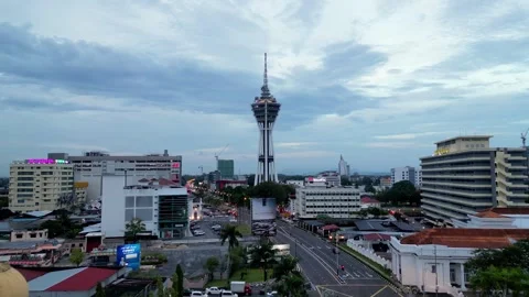 Alor Setar Tower in aerial view. There are many buildings in the Stock Footage 318097409