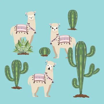 Alpaca with Cacti Ilustração Stock