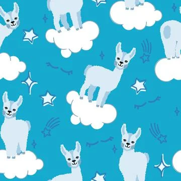 Alpaca llamas pattern on a blue background with clouds and stars. For printing Stockillustratie