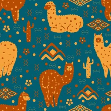 Alpaca Peru. Seamless pattern. Nice style. Mountains, cacti, flowers, ornamen 스톡 일러스트