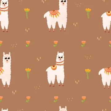 Alpaca seamless pattern on dark background in cartoon style, floral elements 스톡 일러스트