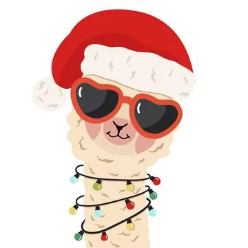 Alpaca wearing a Santa hat while hanging a light bulb Stock Illustration
