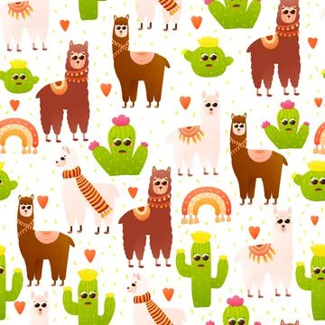 Alpacas and cactus seamless pattern on white background, colourful llamas in  Illustrazione stock