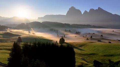 Alpe di Siusi (Forward Drone Shot) 05 | Sunrise | Italian Dolomites | Fog | 4K Stock Footage 259923560
