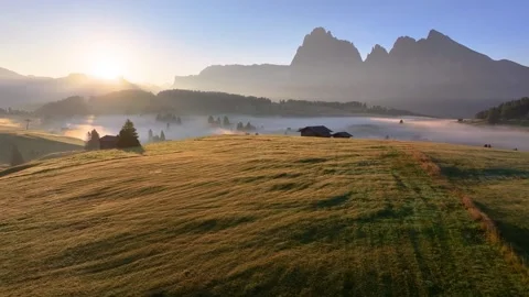 Alpe di Siusi (Forward Drone Shot) 04 | Sunrise | Italian Dolomites | Fog | 4K Stock Footage 259923711