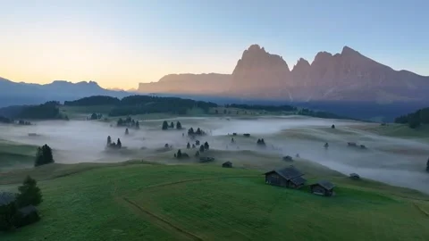 Alpe di Siusi (Forward Drone Shot) 02 | Sunrise | Italian Dolomites | Fog | 4K Stock Footage 259923958