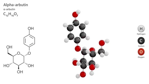 Alpha-Arbutin. 3D model of a molecule. C12H16O7.  White background. 3D render Stock Footage 292887802