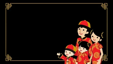 Alpha channel file - Growing line frame and animated Cartoon Chinese family Stock Footage 100742205