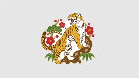 Alpha channel file - Roaring tiger animation, full length, Japanese decoration Stock Footage 164361587