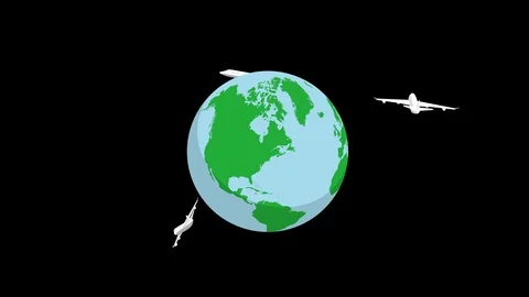 Alpha channel file, Three airplanes flying around the earth - Center position Stock Footage 113580727