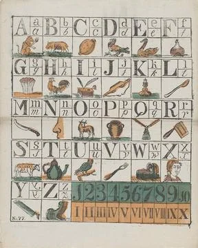 Alphabet and numbers. Leaf with 5 shows each subdivided into smaller compa... Stock Photos