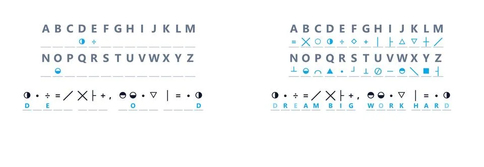 Alphabet cipher code with geometric symbols for substitution. Secret message  Illustrazione stock