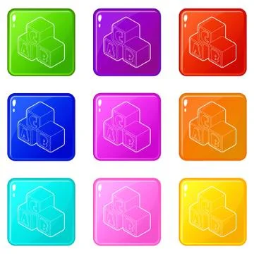 Alphabet cubes with letters A,B,C icons set 9 color collection Illustrazione stock