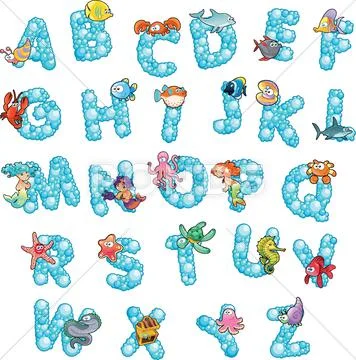 Alphabet with fish and bubbles. Stock Illustration