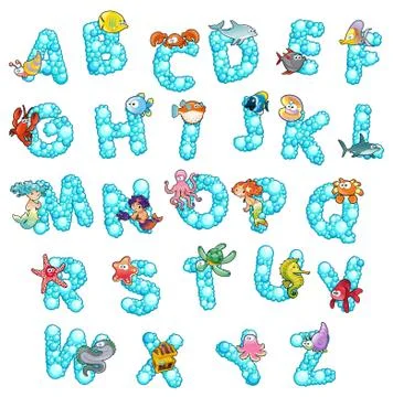 Alphabet with fish and bubbles. Stock-Illustration