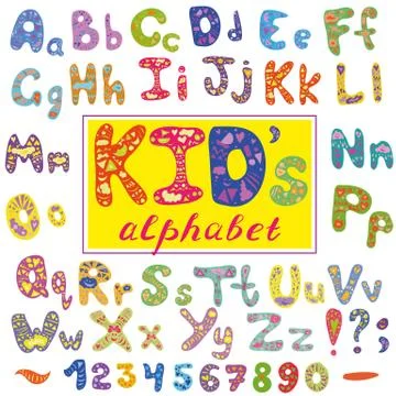 Alphabet in kid style. Vector with letters and numbers. Hand drawn font Stock Illustration