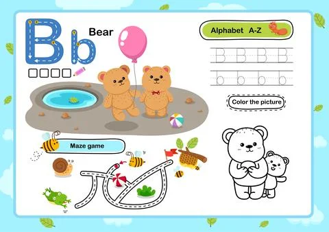 Alphabet Letter B-Bear exercise with cartoon vocabulary illustration, vector Stock Illustration
