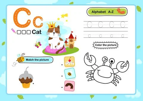 Alphabet Letter C-Cat exercise with cartoon vocabulary illustration, vector Stock Illustration