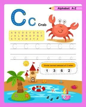 Alphabet Letter C - Crab  exercise with cartoon vocabulary illustration, vect Stock Illustration