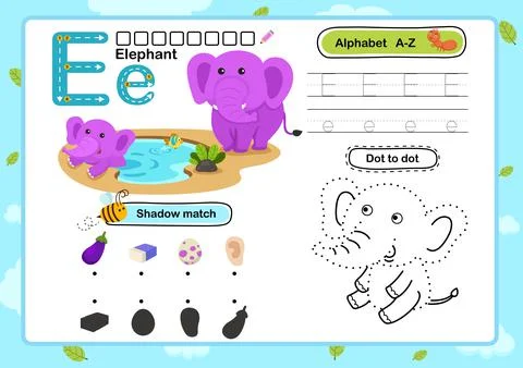 Alphabet Letter E-Elephant exercise with cartoon vocabulary illustration, vec Stock Illustration