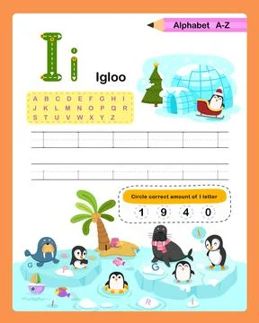 Alphabet Letter I - Igloo  exercise with cartoon vocabulary illustration, vec Stock Illustration