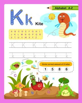 Alphabet Letter K - Kite  exercise with cartoon vocabulary illustration, vect Stock Illustration