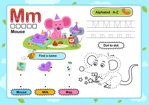 Alphabet Letter M-Mouse exercise with cartoon vocabulary illustration, vector Stock Illustration