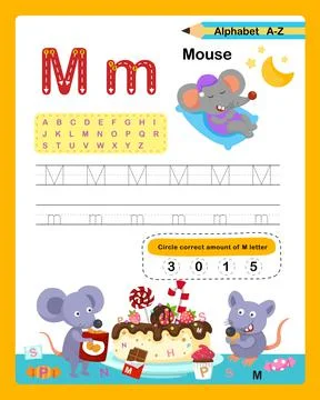 Alphabet Letter M - Mouse  exercise with cartoon vocabulary illustration, vec Stock Illustration