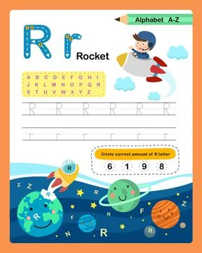 Alphabet Letter R - Rocket  exercise with cartoon vocabulary illustration, ve Stock Illustration