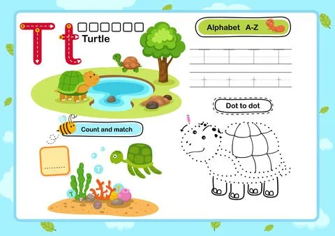 Alphabet Letter T-Turtle exercise with cartoon vocabulary illustration, vecto Stock Illustration