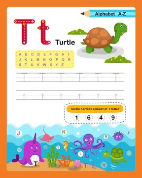 Alphabet Letter T - Turtle exercise with cartoon vocabulary illustration, vec Stock Illustration