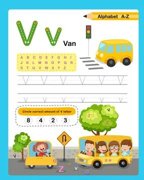 Alphabet Letter V - Van  exercise with cartoon vocabulary illustration, vecto Stock Illustration