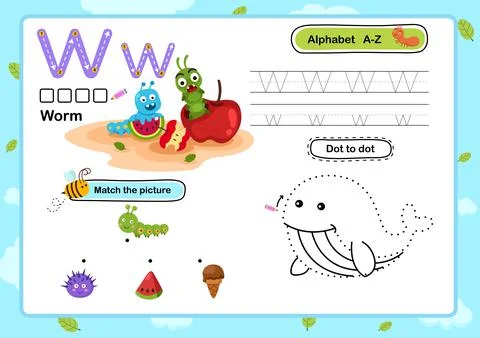 Alphabet Letter W-Worm exercise with cartoon vocabulary illustration, vector Stock Illustration