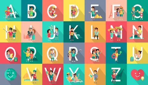 Alphabet Mobile People Vector Flat Design Concept Stock Illustration