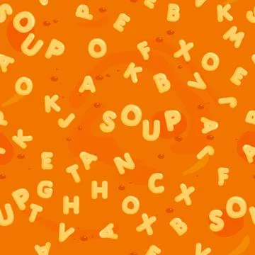 Alphabet pasta soup seamless pattern. Homemade soup background with macaroni. Stock Illustration