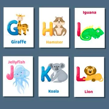 Alphabet printable flashcards vector collection with letter G H I J K L. Zoo Stock Illustration