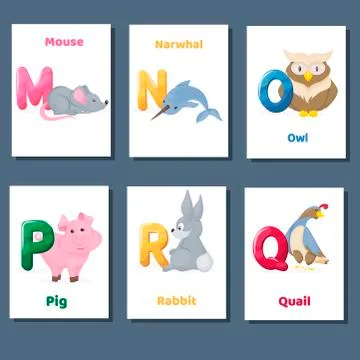 Alphabet printable flashcards vector collection with letter M N O P Q R. Zoo Stock Illustration