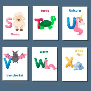 Alphabet printable flashcards vector collection with letter S T U V W X. Zoo Stock Illustration