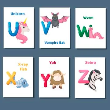 Alphabet printable flashcards vector collection with letter U V W X Y Z. Zoo Stock Illustration
