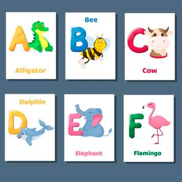 Alphabet printable flashcards vector collection with letter A B C D E F. Zoo Stock Illustration