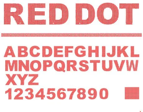 Alphabet in red dot texture design, uppercase letters, numbers, question and Stock Illustration