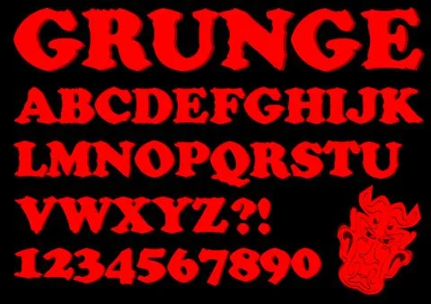 Alphabet in red grunge style, devil designed uppercase letters, numbers Stock Illustration