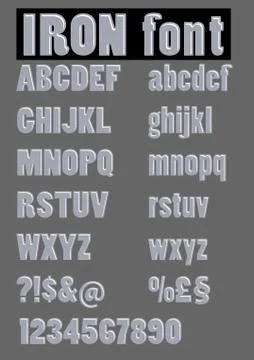 Alphabet set in embossed iron design, metallic letters, numbers and other cha Stock Illustration