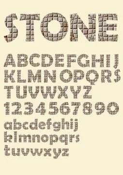 Alphabet in stone cubes texture design, uppercase letters, numbers Stock Illustration