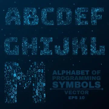 Alphabet from the symbols of the program code. Programming in design. Glowi.. 스톡 일러스트